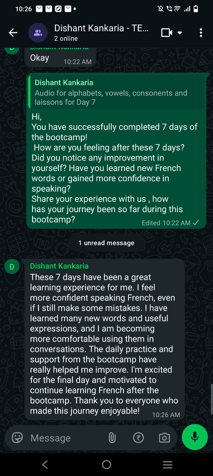 WhatsApp message from Dishant