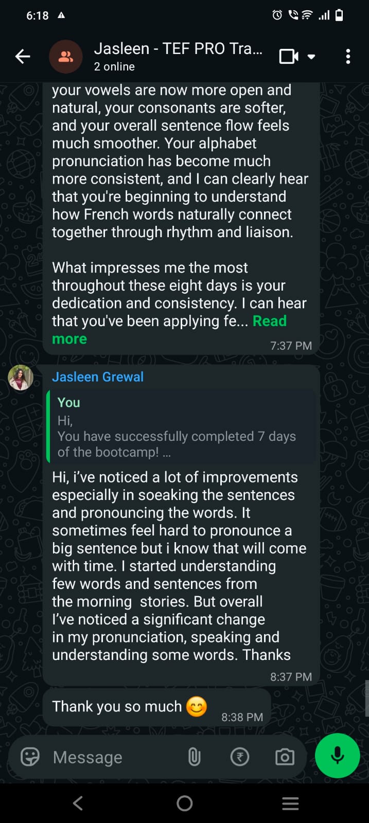 WhatsApp message from Jasleen