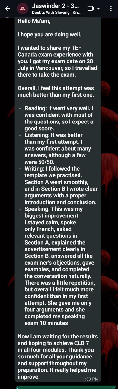WhatsApp message from Jaswinder