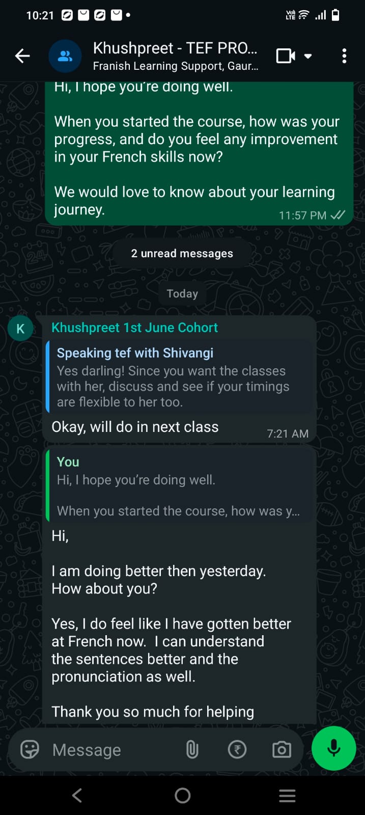 WhatsApp message from Khushpreet