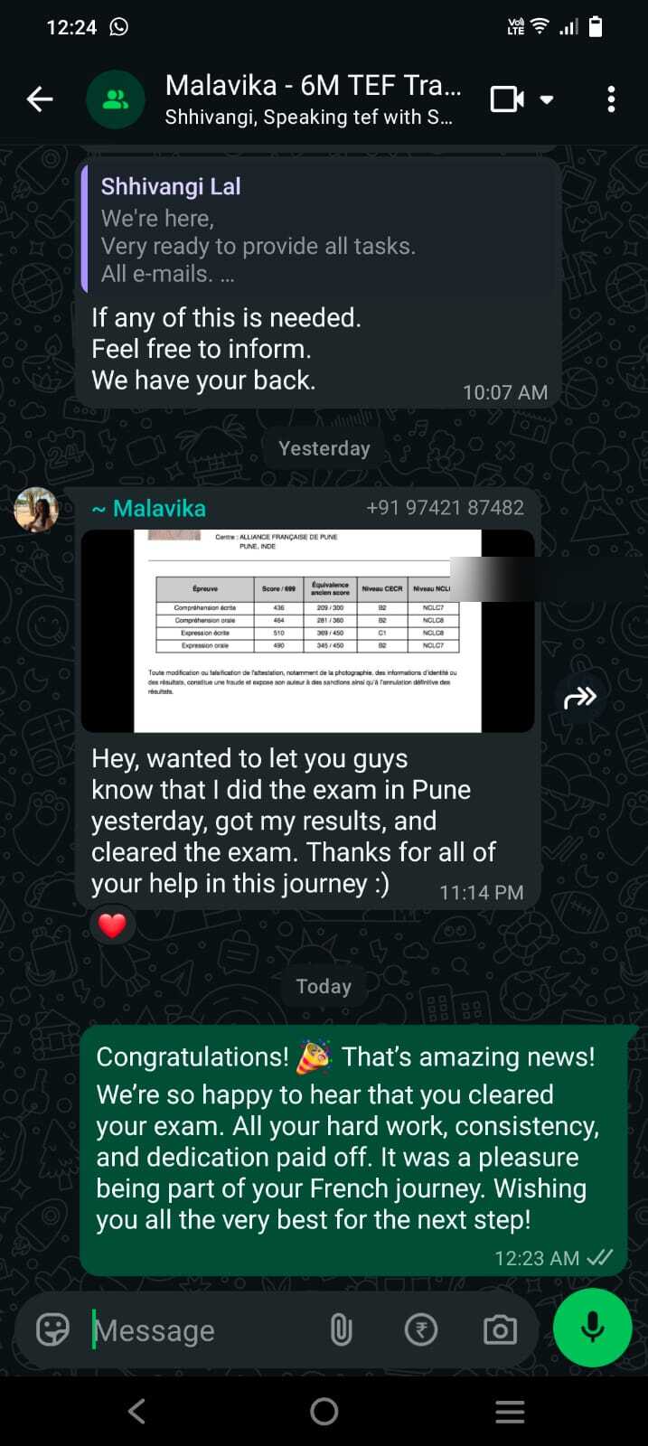 WhatsApp message from Malavika