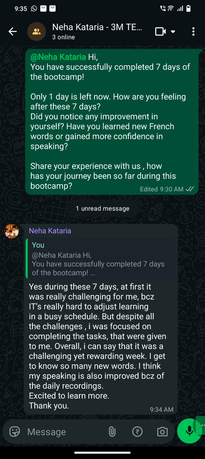 WhatsApp message from Neha