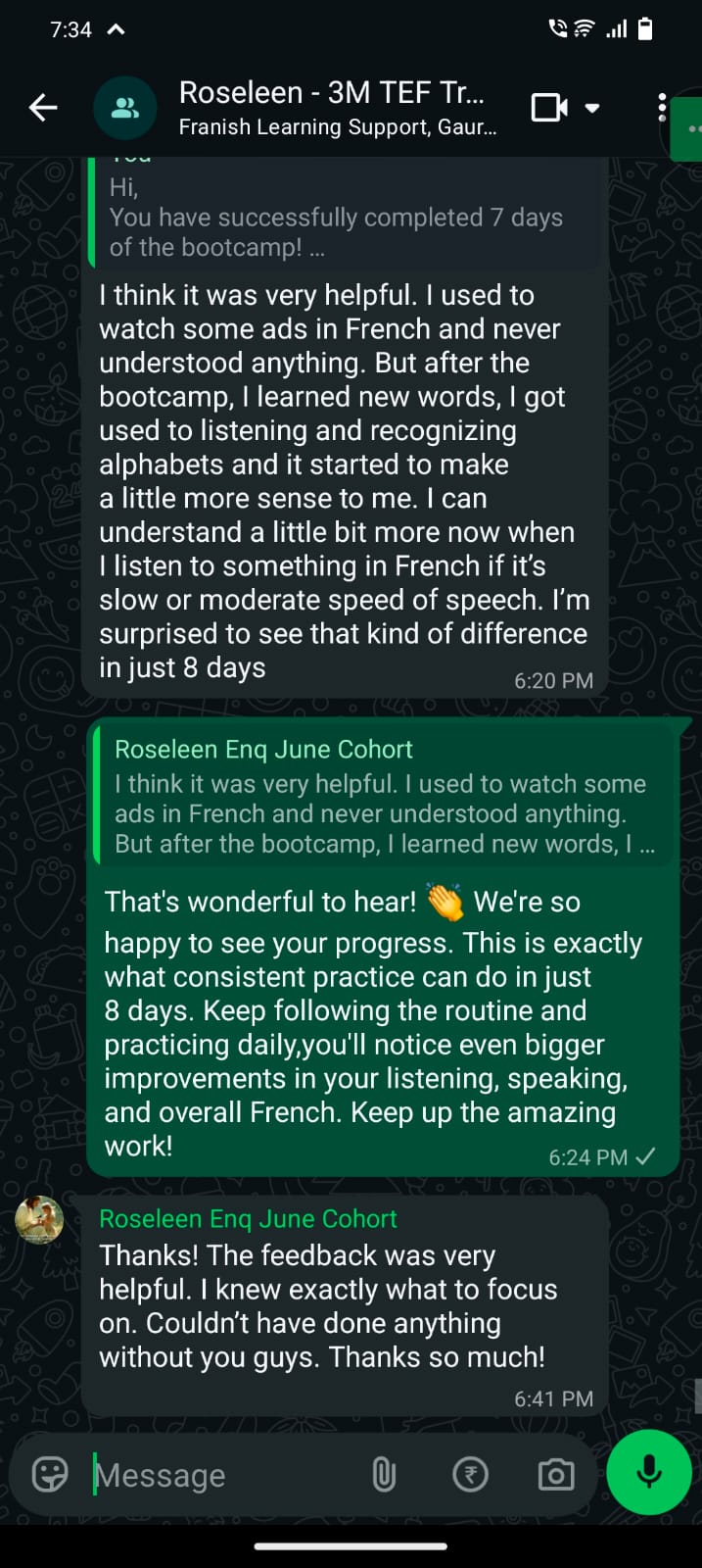 WhatsApp message from Roseleen