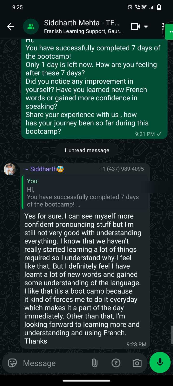 WhatsApp message from Siddharth